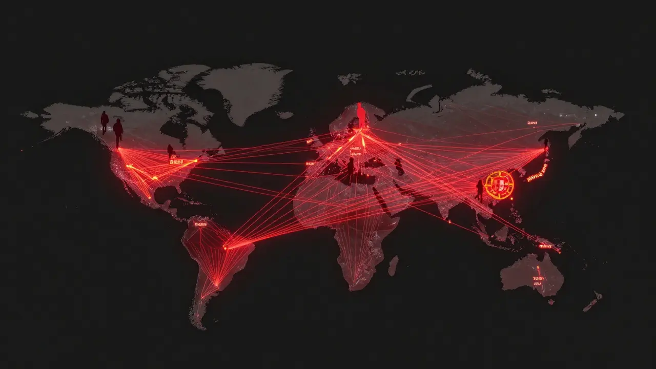 A world map with glowing red lines connecting Dubai to countries where adult content is filmed, symbolizing financial flows.