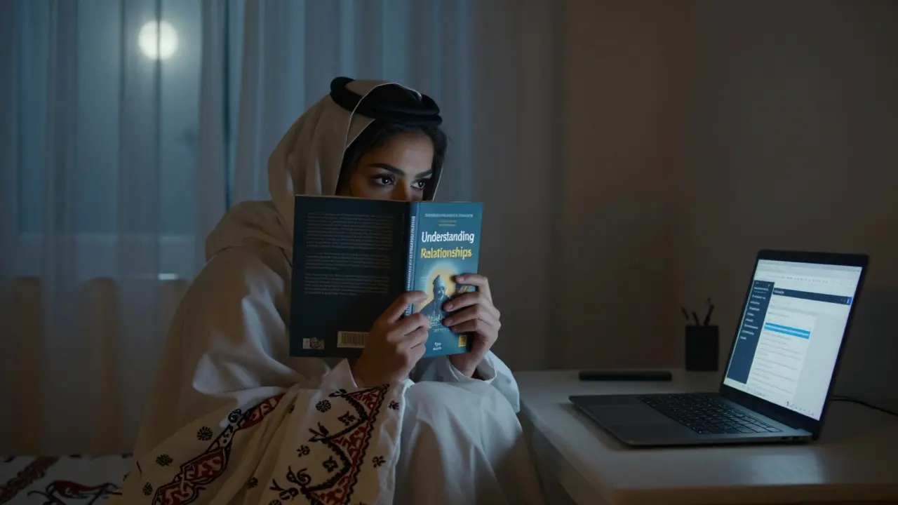 A young Emirati woman hiding a relationship book under her bed at night, moonlight and laptop glow illuminating her quiet search for knowledge.