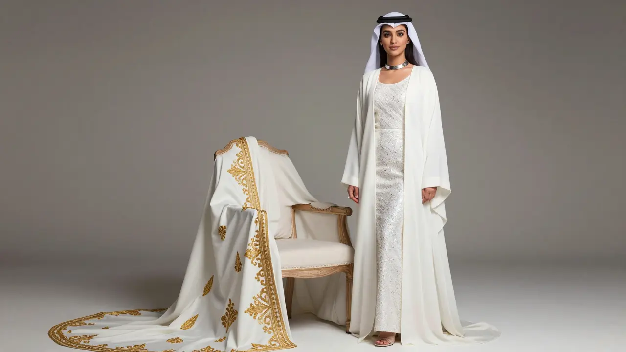 An Emirati bride reveals a sequined bodysuit beneath her white gown, with a metallic choker and gold-threaded abaya nearby.