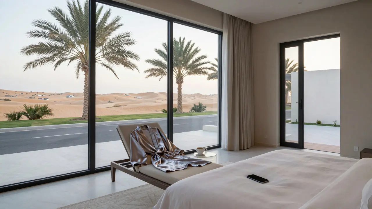 An empty luxury villa room at dawn, a robe and coffee cup left behind.