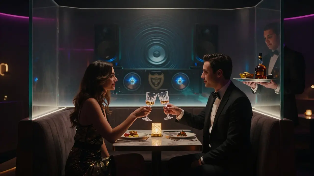 An intimate private booth at the nightclub, where patrons sip champagne under moody lighting.