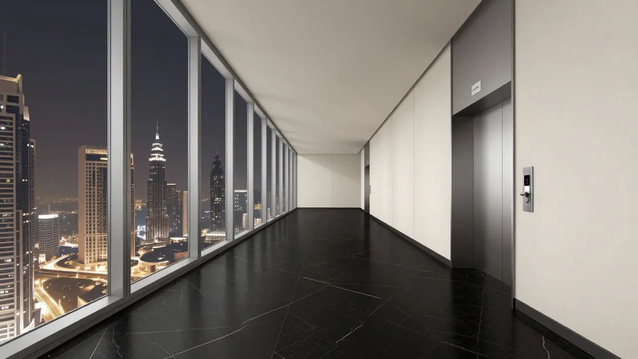 Armani Hotel Dubai corridor with keycard elevator and minimalist design, no people visible.