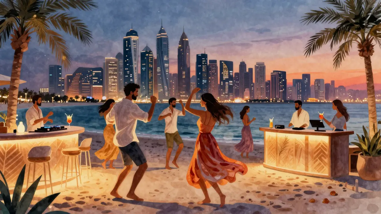 Beachfront club Sky Beach at twilight, people dancing on sand with Dubai Marina skyline glowing behind them.