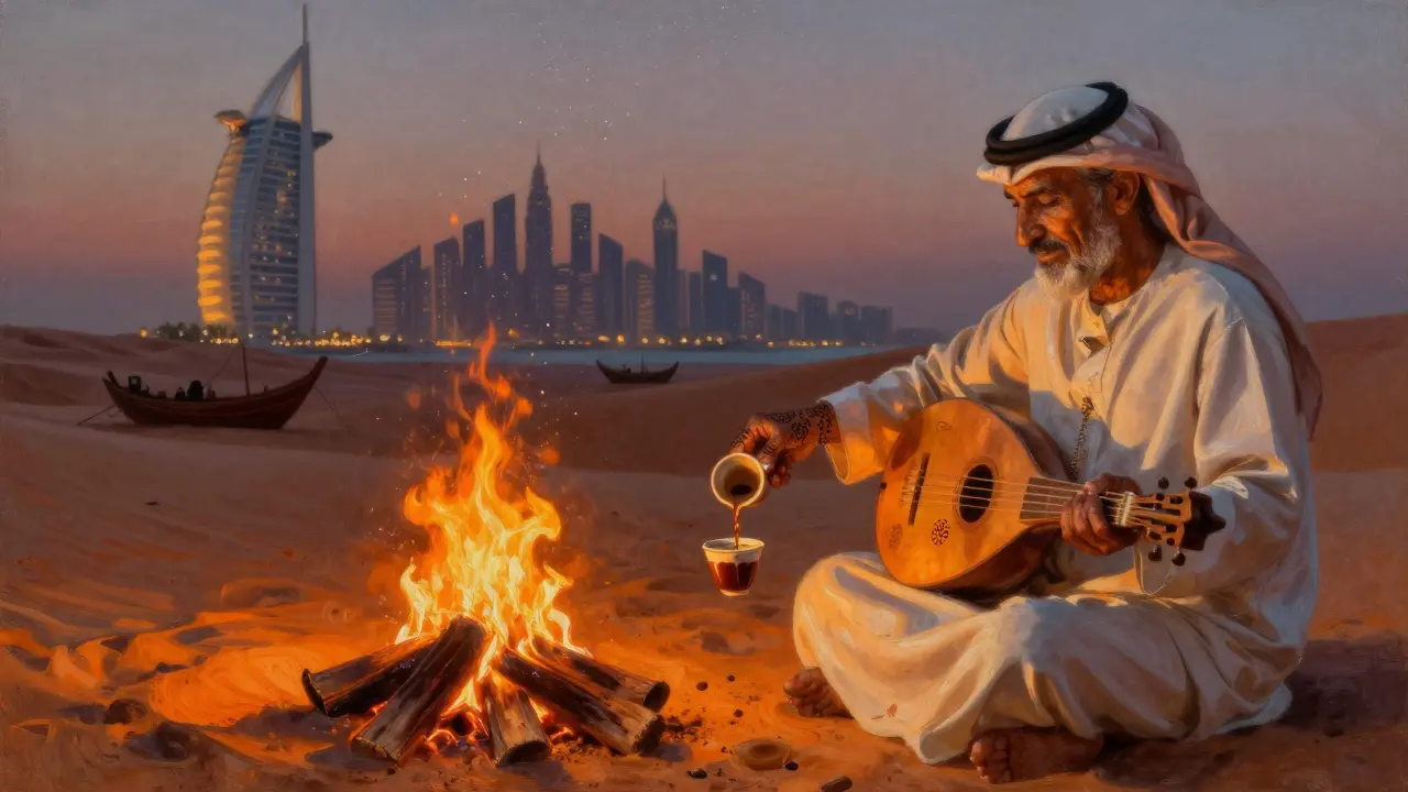 Bedouin elder serving coffee by a desert fire, with the Palm Jumeirah faintly lit on the horizon.