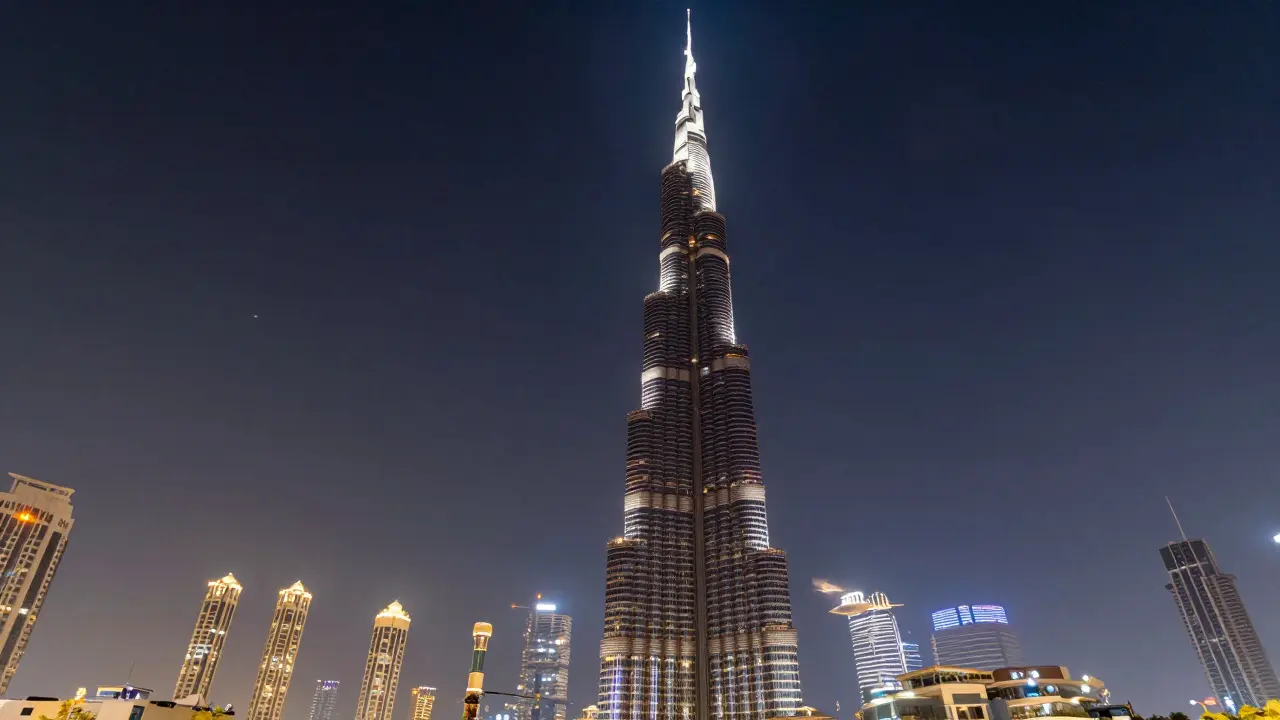 Burj Khalifa at night glowing with colorful lights, its spire illuminated against the stars with glowing observation decks.