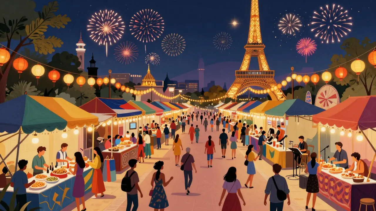 Colorful Global Village night market with international food stalls and fireworks.
