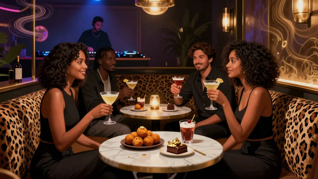 Couples enjoying cocktails in a private alcove at Cavalli Club, surrounded by gold leaf, animal prints, and crystal chandeliers.