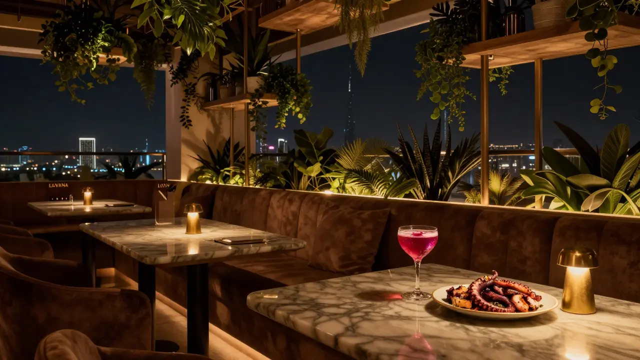 Cozy Mediterranean lounge with plants, marble tables, and a single cocktail.