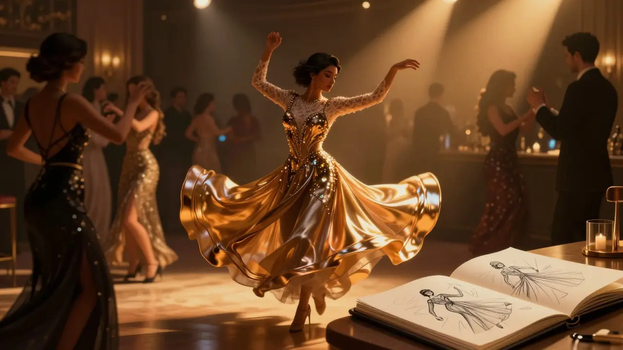 Dancers in custom lace and sequin couture move under dim amber lights at a private Dubai party.