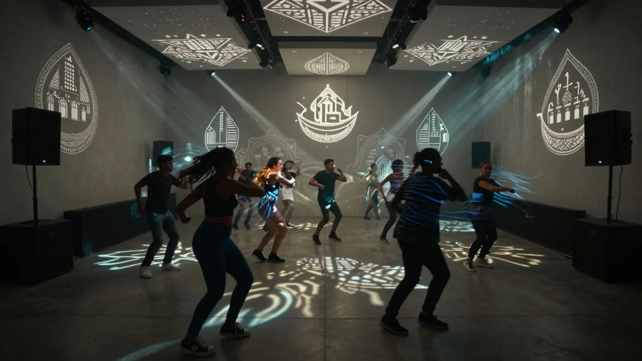 Dancers on a glowing floor as synchronized lights project traditional patterns, vibrating with deep bass.