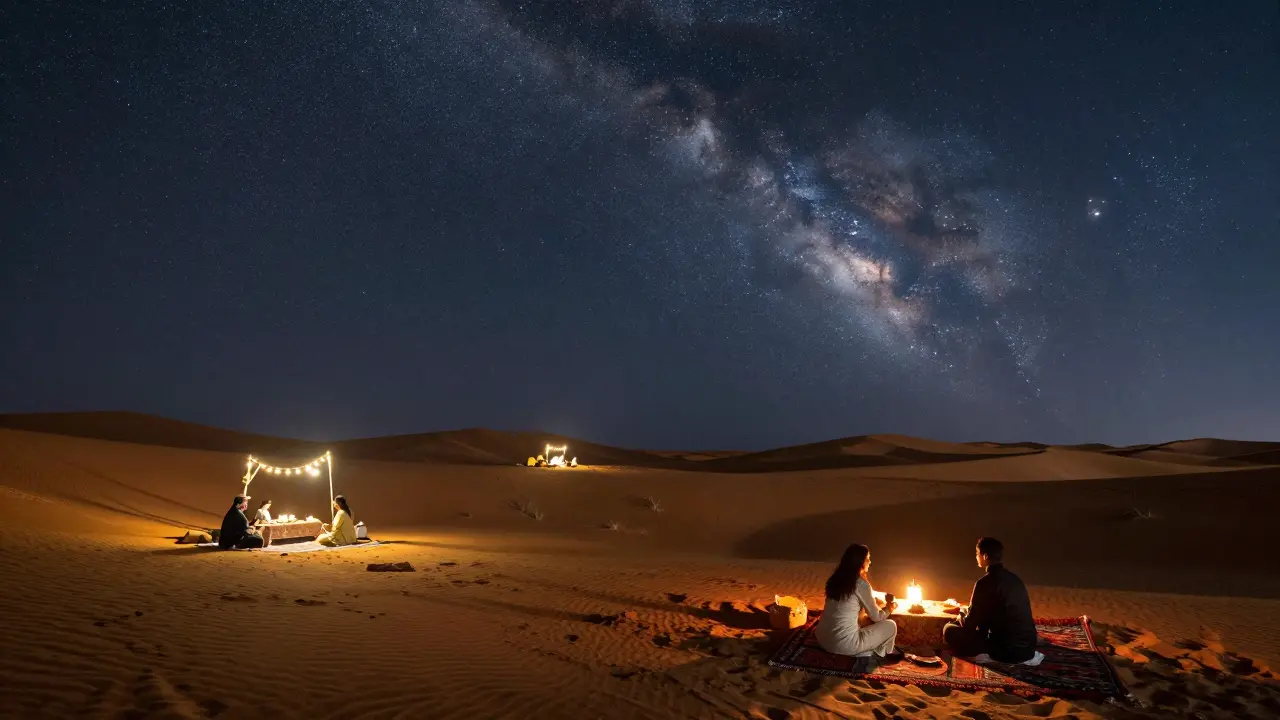 Desert night camp under stars with lanterns, golden dunes, and silhouettes against firelight.