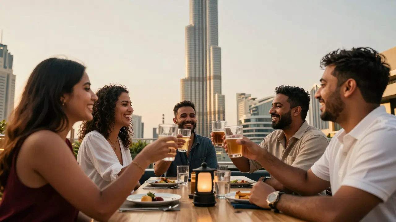 Diverse expats laughing together at a rooftop bar in Dubai, enjoying genuine conversation.