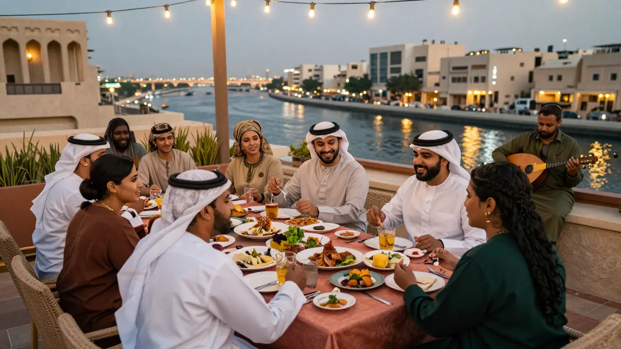 Expats enjoying Emirati food on a rooftop terrace with live oud music and creek views.