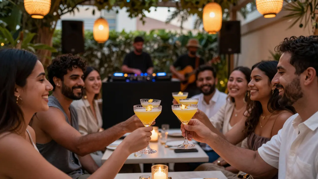 Guests enjoying crafted cocktails under warm lantern light at a stylish Dubai nightclub.