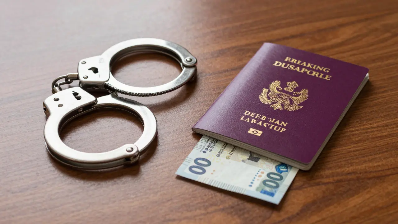 Handcuffs and a passport beside a banknote on a wooden table, reflecting a desert skyline.