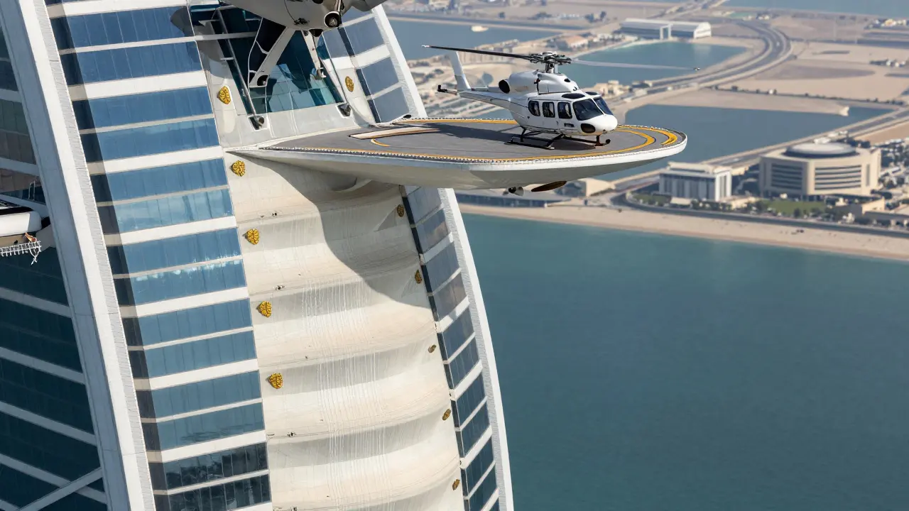 Helipad high above the sea with helicopter landing, showing a steep drop to the water and golden architectural details.
