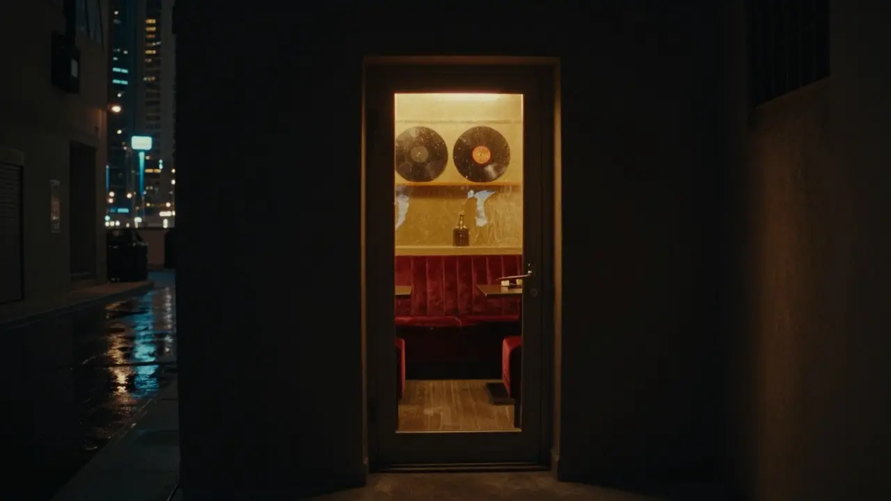 Hidden door to a secret lounge in Dubai Marina with amber glow and velvet booths.