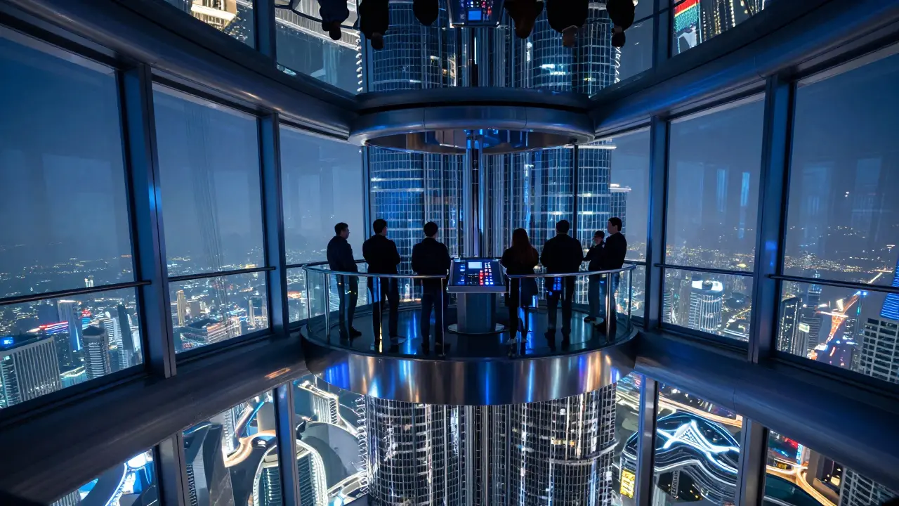 Inside a high-speed elevator ascending the Burj Khalifa, passengers viewing the city below through glass walls.