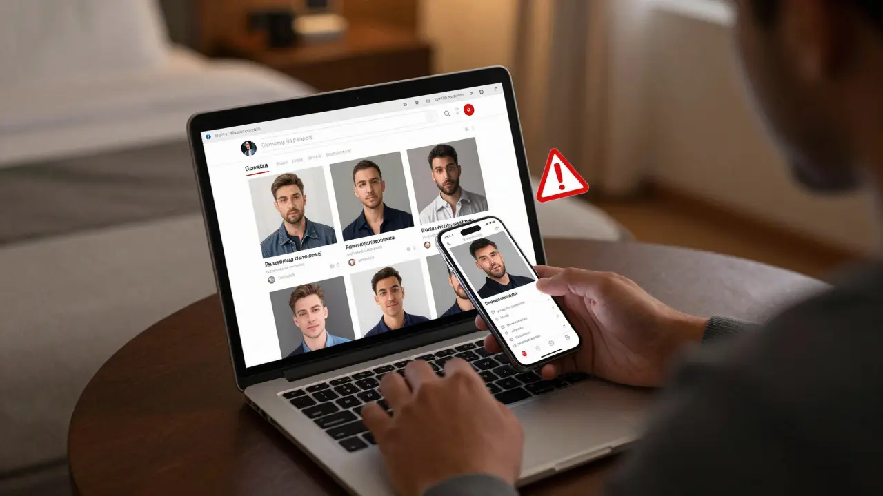 Man checking escort photos online, multiple identical images appearing on screen with warning signs.