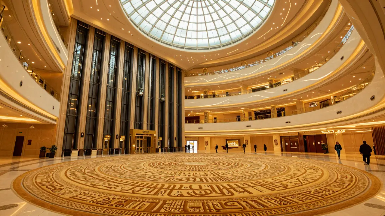 Massive luxurious atrium lobby with silk carpet and glass elevators gliding up the wall under a glowing dome.