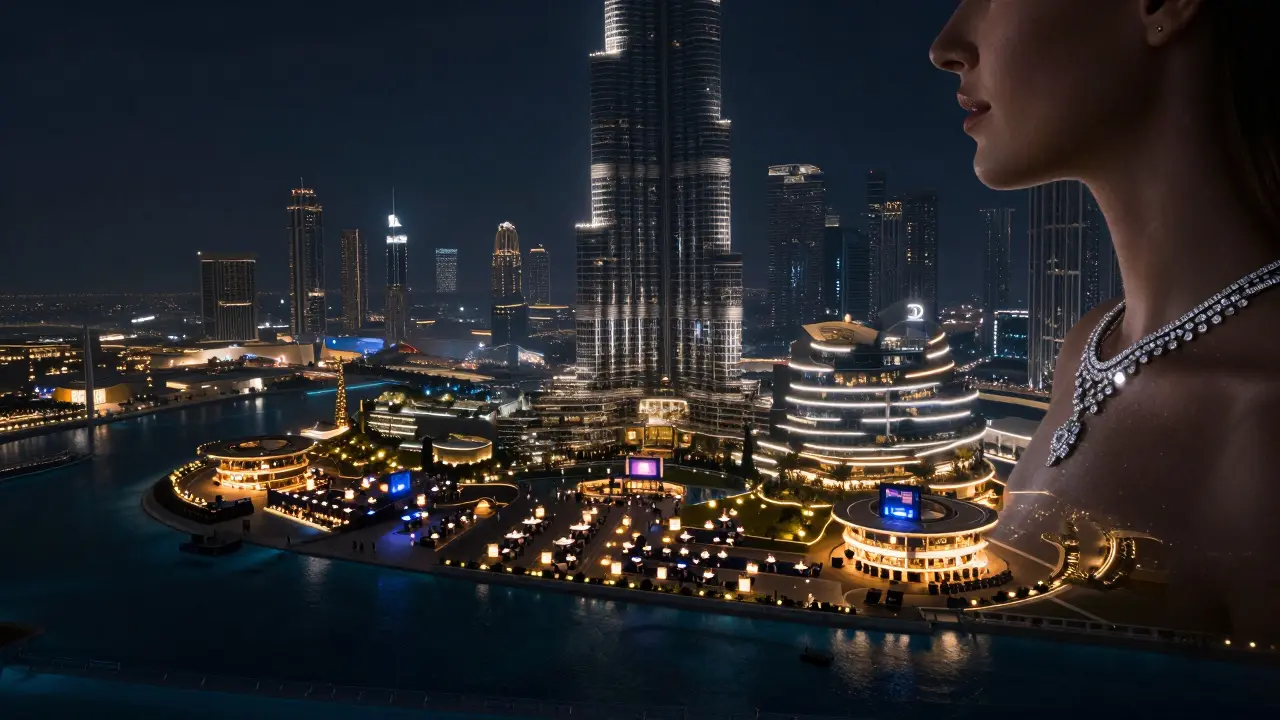 Overhead view of the luxury club as a radiant hub against Dubai’s dark skyline at night.
