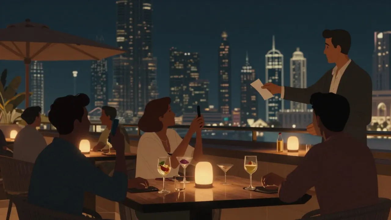 Patrons enjoy drinks on a rooftop bar in Dubai, one taking a photo of the skyline while tipping the bartender.