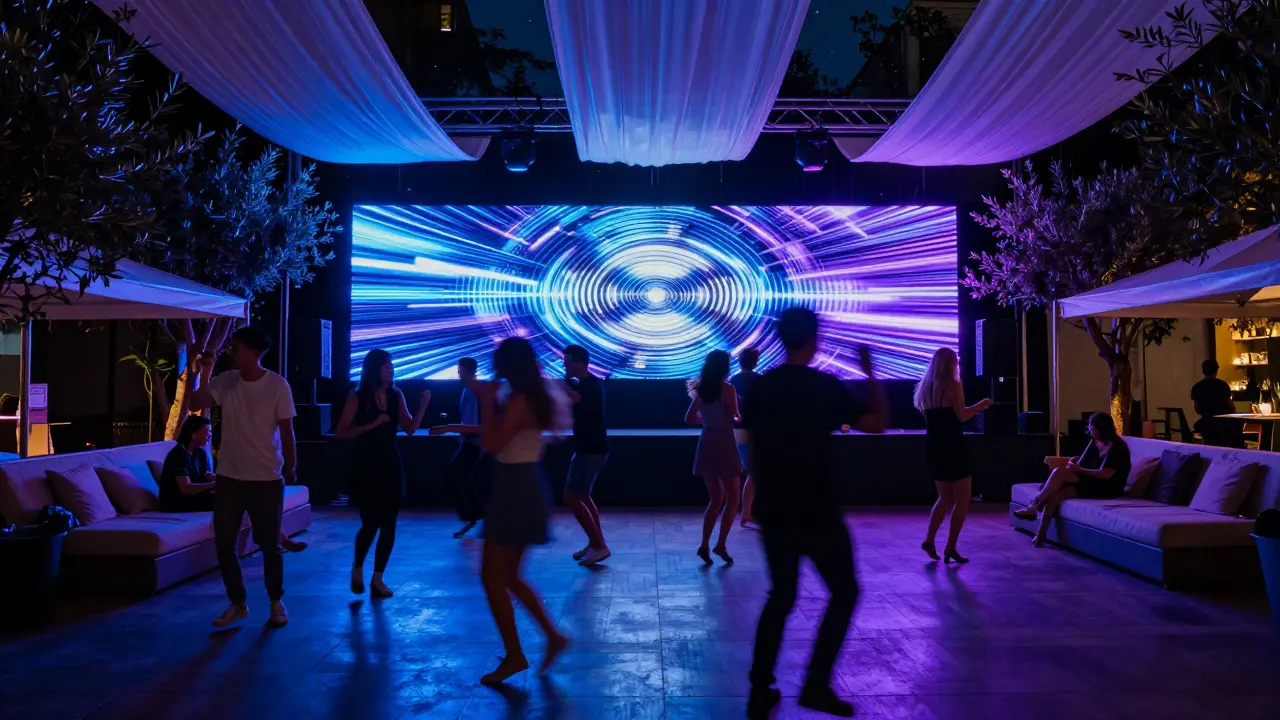 People dancing under glowing LED lights and starry string lights at a luxurious nighttime garden club.