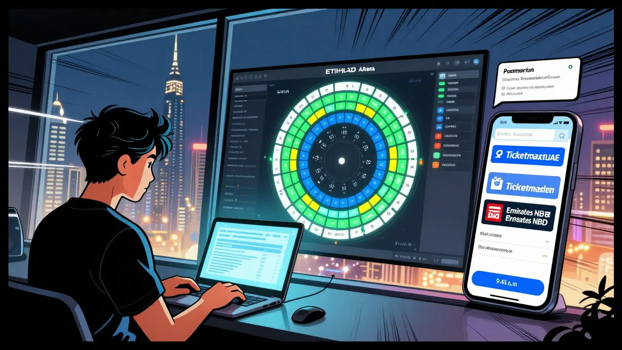 Person using a laptop to book concert tickets with digital seat map showing optimal rows at Etihad Arena.