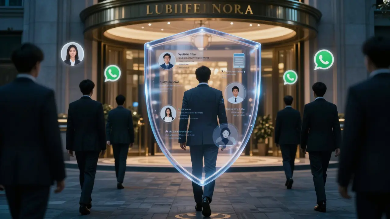Protective shield of verification symbols guarding a person approaching a hotel, scammers fading behind.