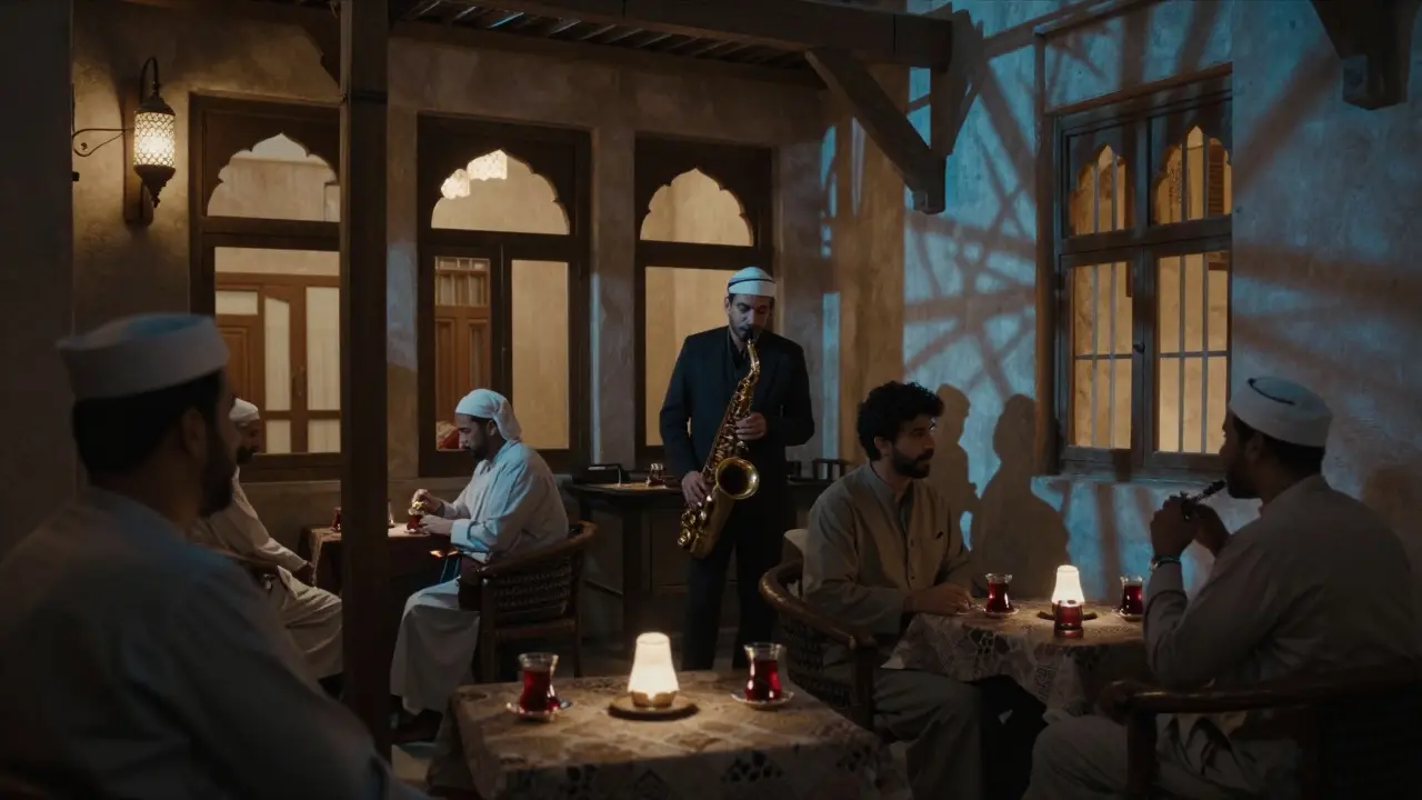 Quiet jazz performance at Arabian Tea House with warm lamplight and traditional architecture.