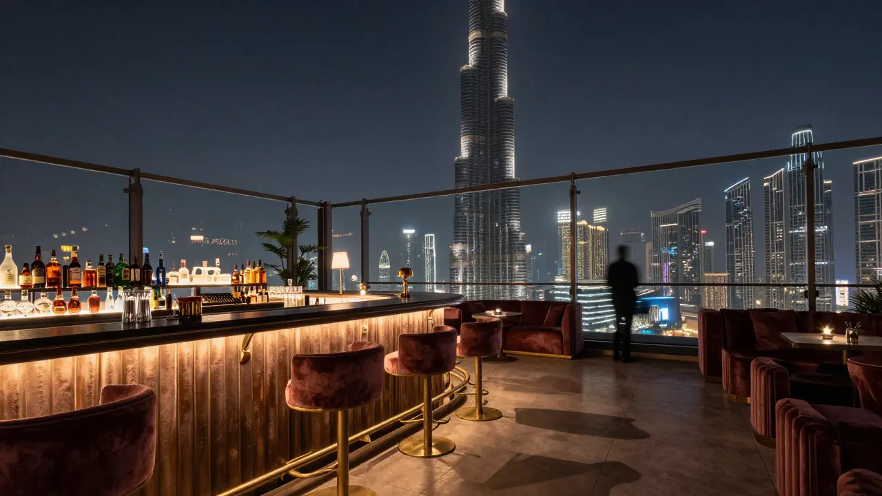 Rooftop bar at Level 43 with neon lights, Burj Khalifa in background, city skyline glowing.