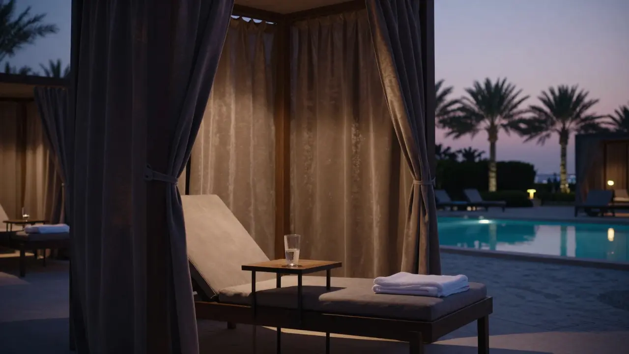 Secluded cabana at W Dubai Palm at twilight, empty lounge with soft neon lighting.