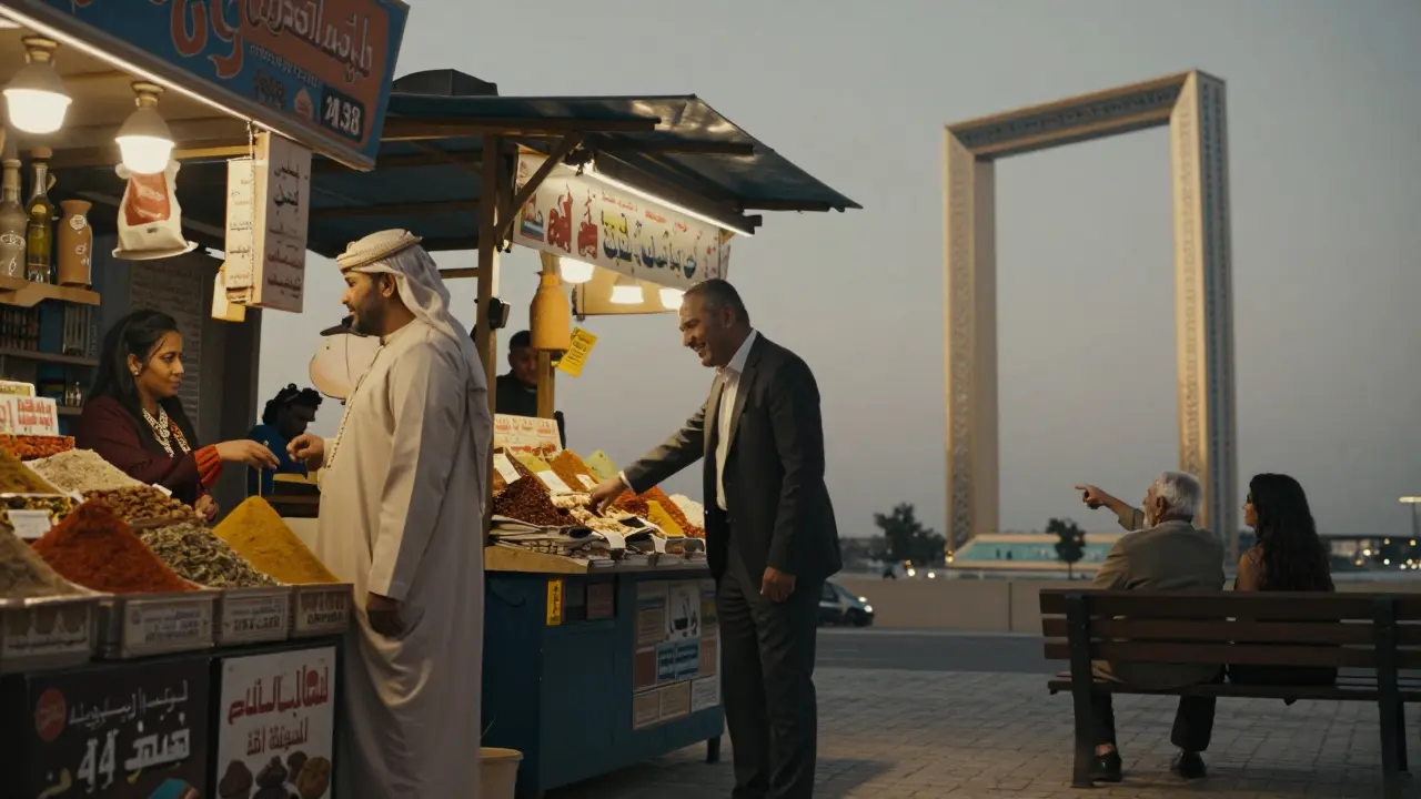 Three scenes of meaningful connections in Dubai: market exploration, street food laughter, and quiet reflection at the Dubai Frame.