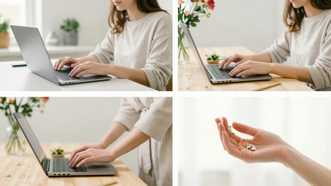 Three women’s hands engaged in quiet, personal activities—typing, arranging flowers, holding jewelry.