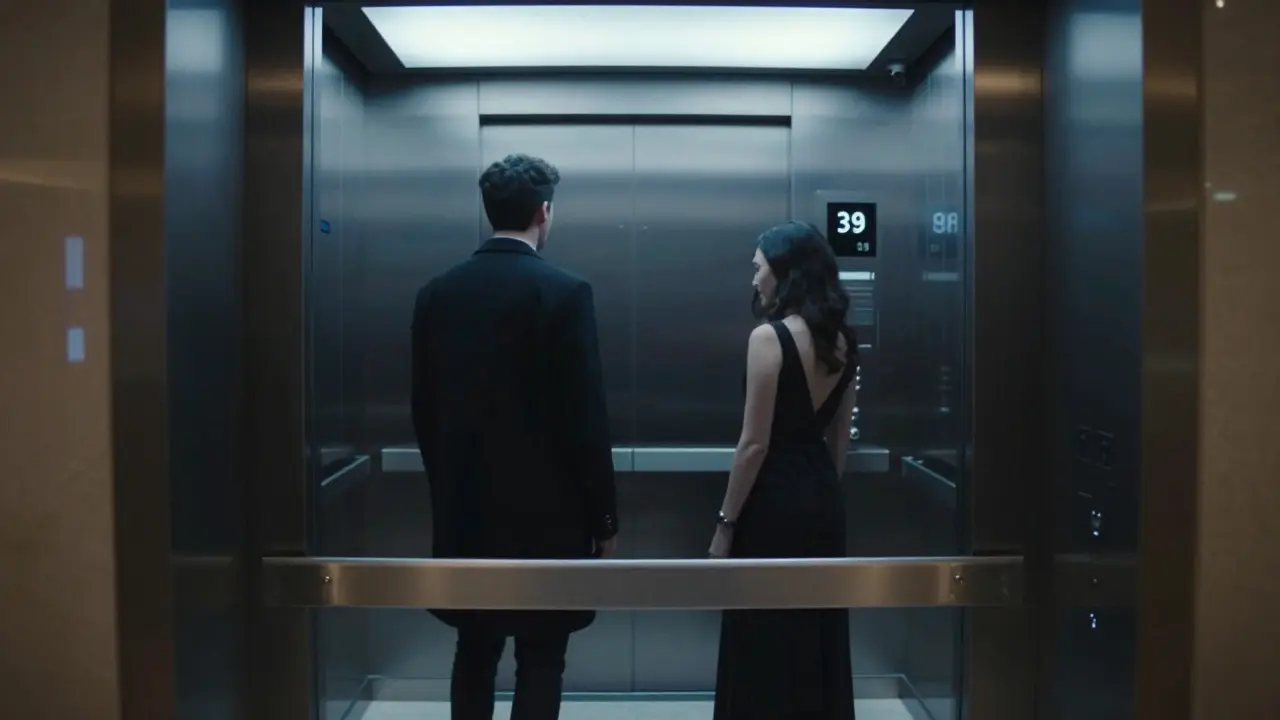 Two anonymous figures in a hotel elevator at night, reflected in mirrored walls.