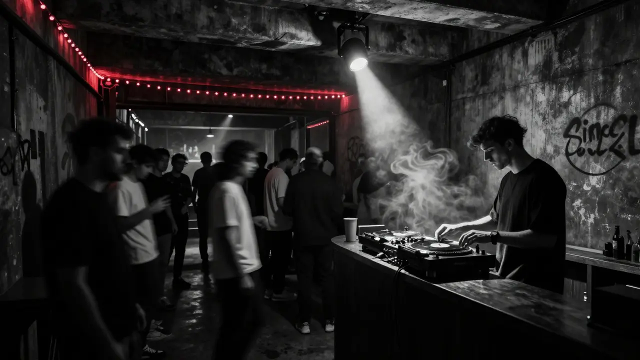 Underground club 1111 in industrial basement with dim red lights, DJ spinning vinyl, crowd in motion under spotlight.
