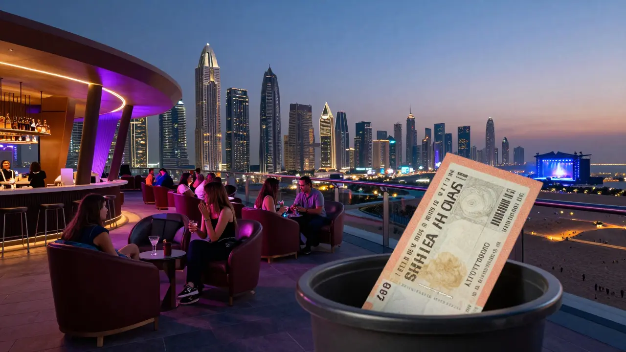 VIP guests on a rooftop lounge at Etihad Arena with Dubai skyline glowing behind them during a night concert.