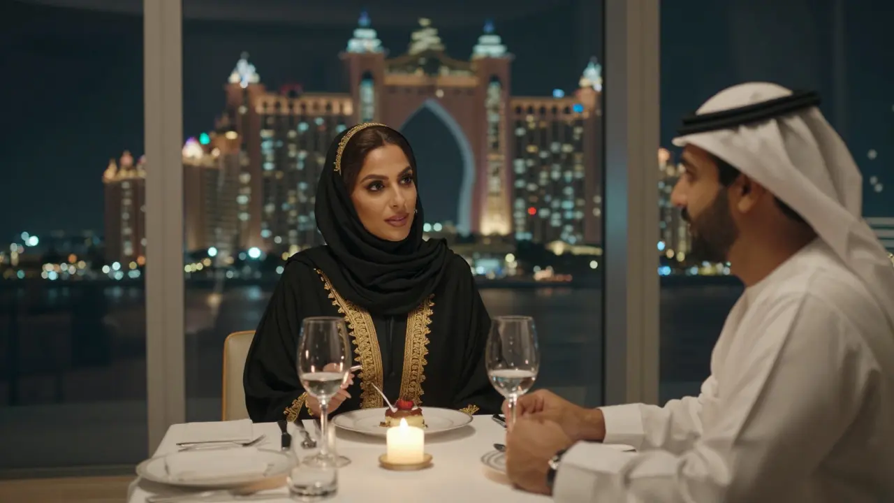 A client and professional companion share a quiet dinner at Atlantis, Dubai, with the city skyline glowing behind them.