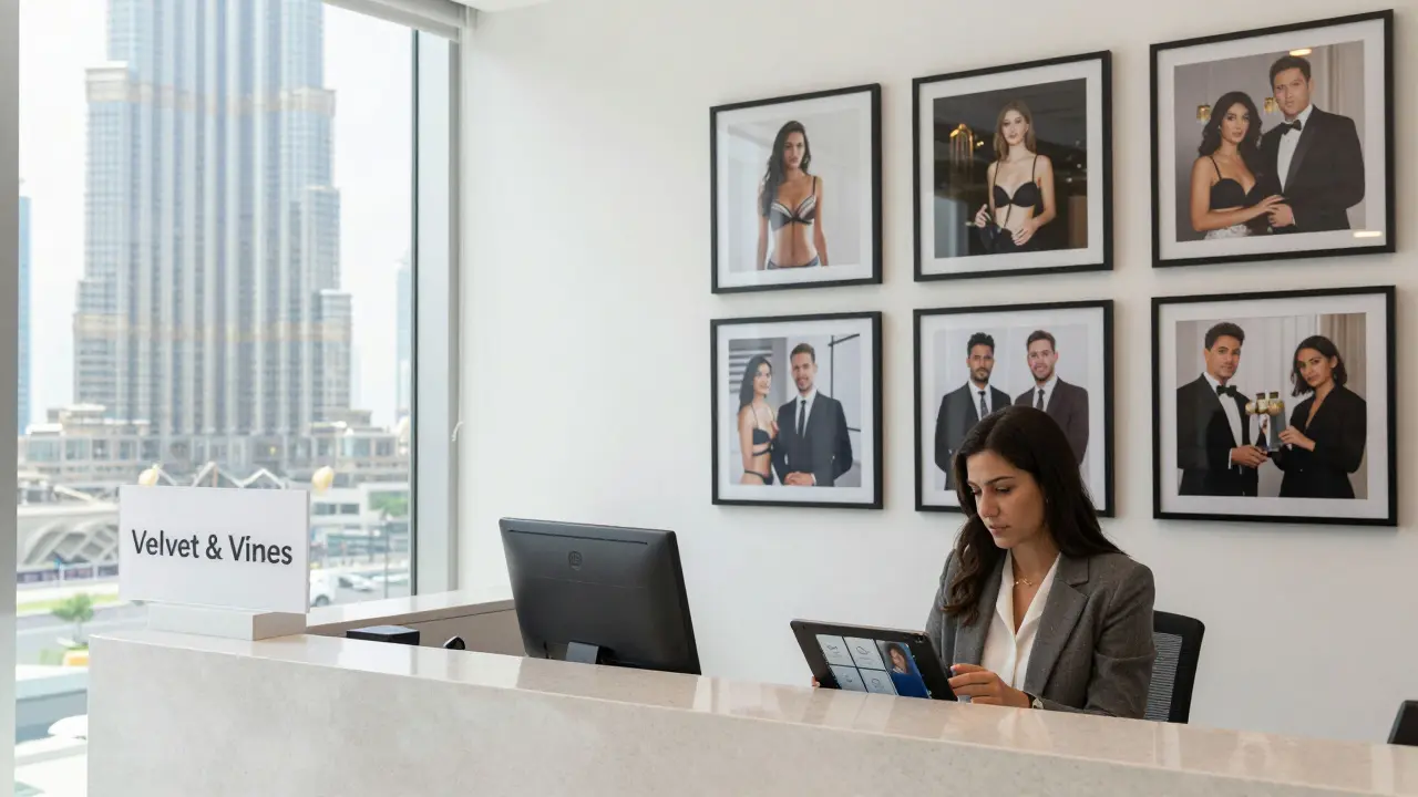 A discreet companionship agency office in Dubai with professional profiles and verified photos on display.