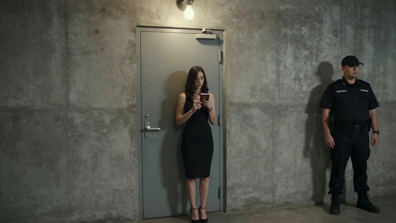 A female performer holding her confiscated passport in a warehouse club, watched by a security guard in the shadows.