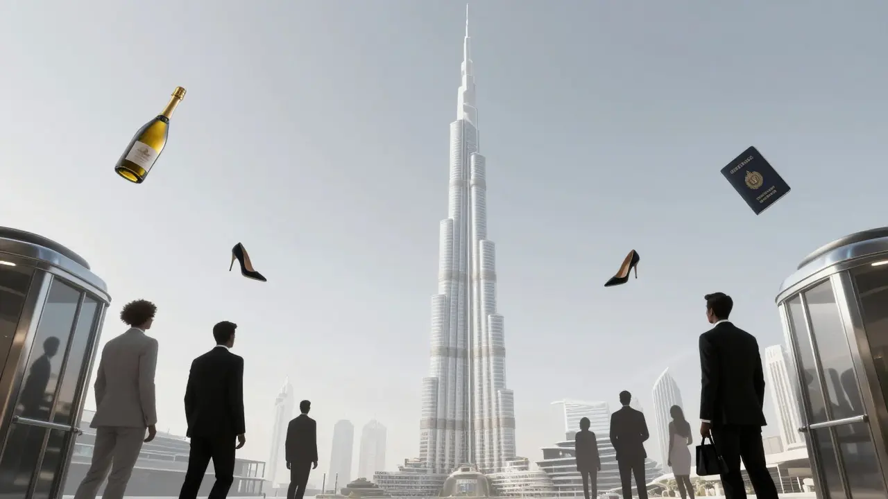 A floating white monolith representing White Dubai, illuminated against the desert skyline with symbolic luxury elements.
