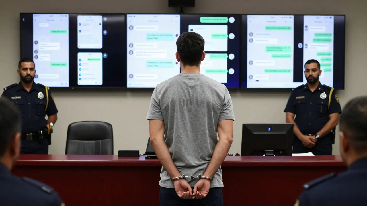 A foreign tourist in handcuffs stands in a Dubai courtroom as digital evidence of online scams is displayed.