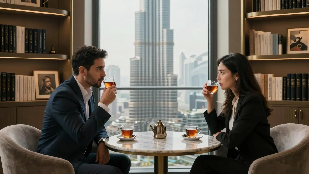 A man and woman having a quiet conversation over tea in a luxury lounge with city views.