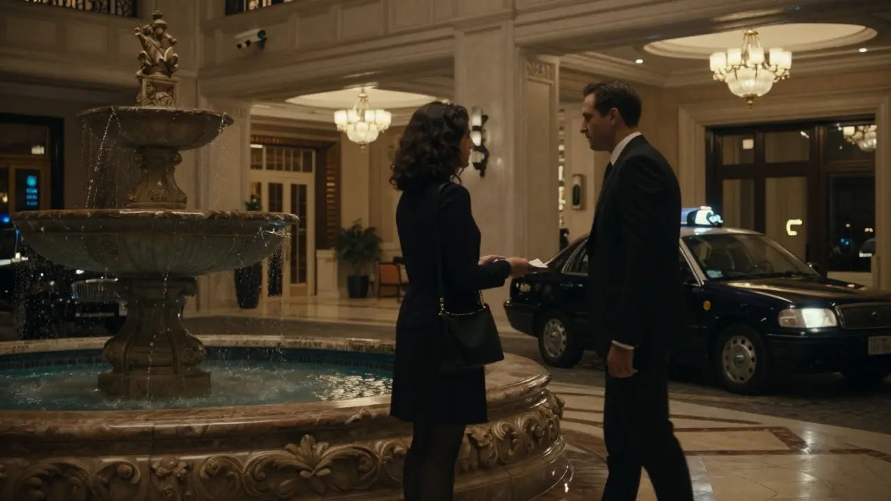 A man and woman meeting in a luxury hotel lobby, preparing to leave by taxi, scene emphasizing legality and discretion.