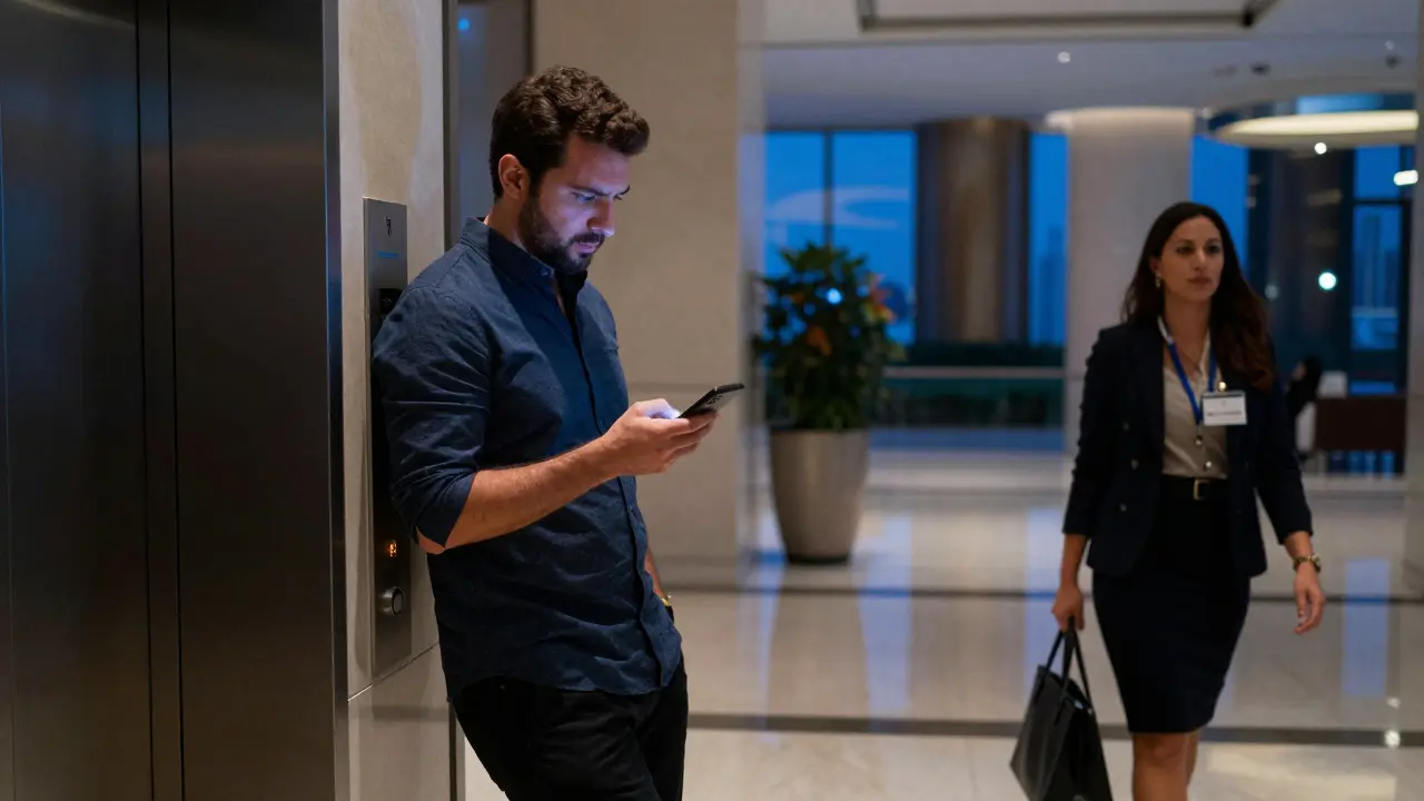 A man looking at a suspicious escort ad on his phone in a Dubai hotel lobby, while a professional woman walks away.