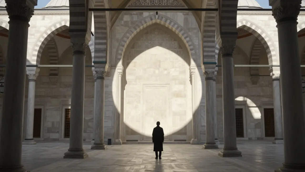 A perfect sunlit circle of shadow on the mosque's central arch at noon, with a visitor standing in quiet awe.