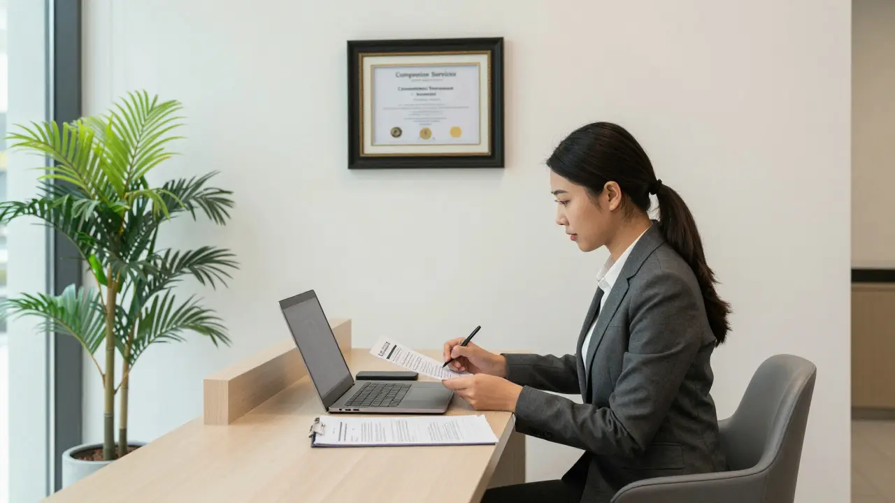 A professional companion service office in Downtown Dubai with a receptionist reviewing a client profile.