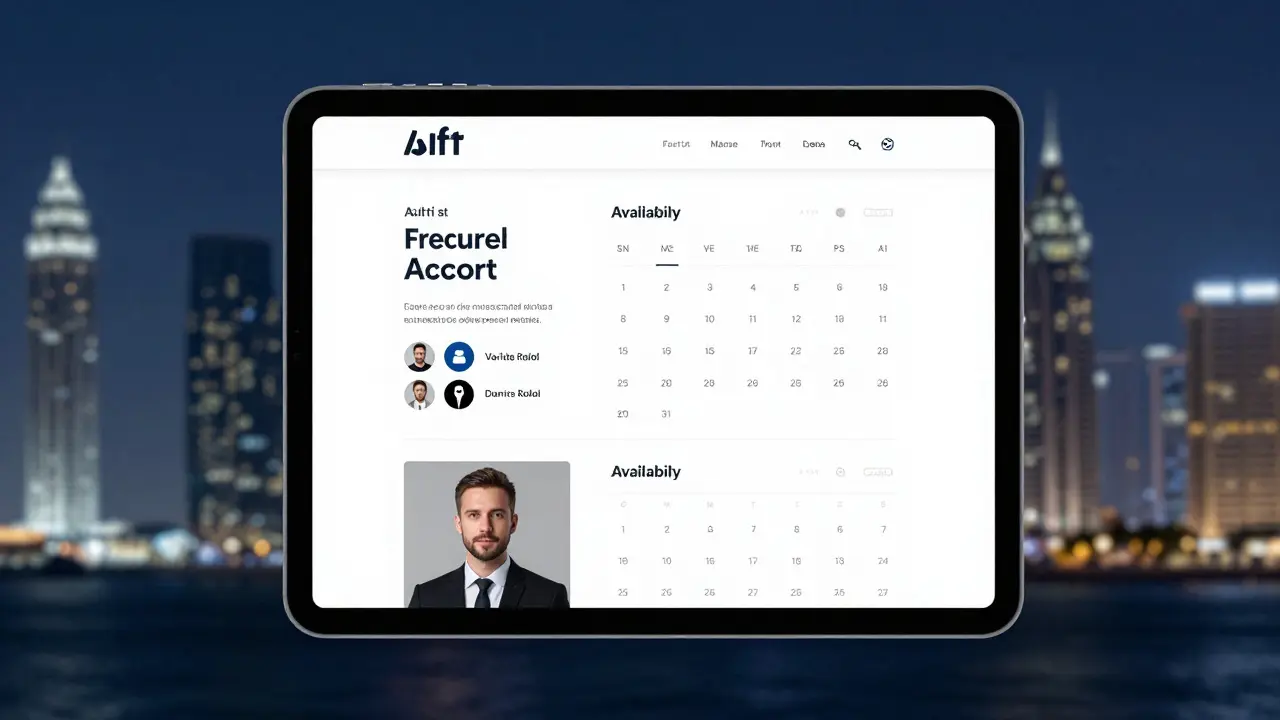 A professional escort's website on a tablet, showing a clean profile and calendar.