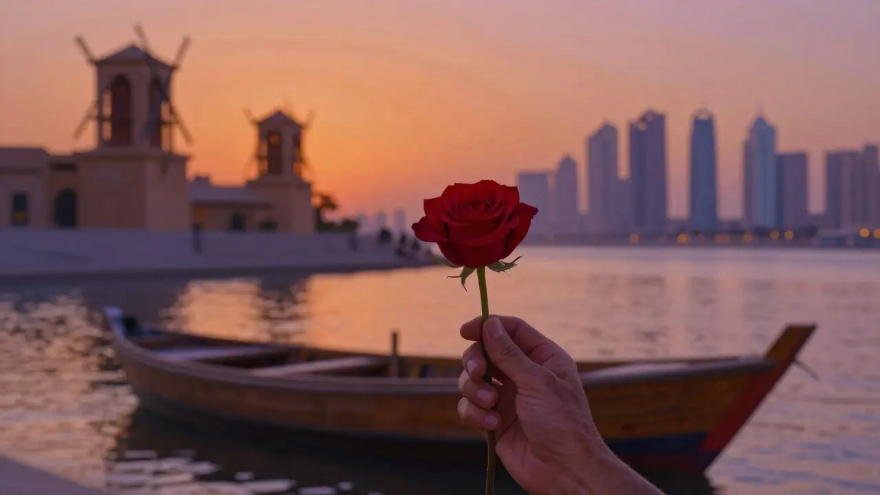 A red rose held near a traditional wooden boat on Dubai Creek at sunset.