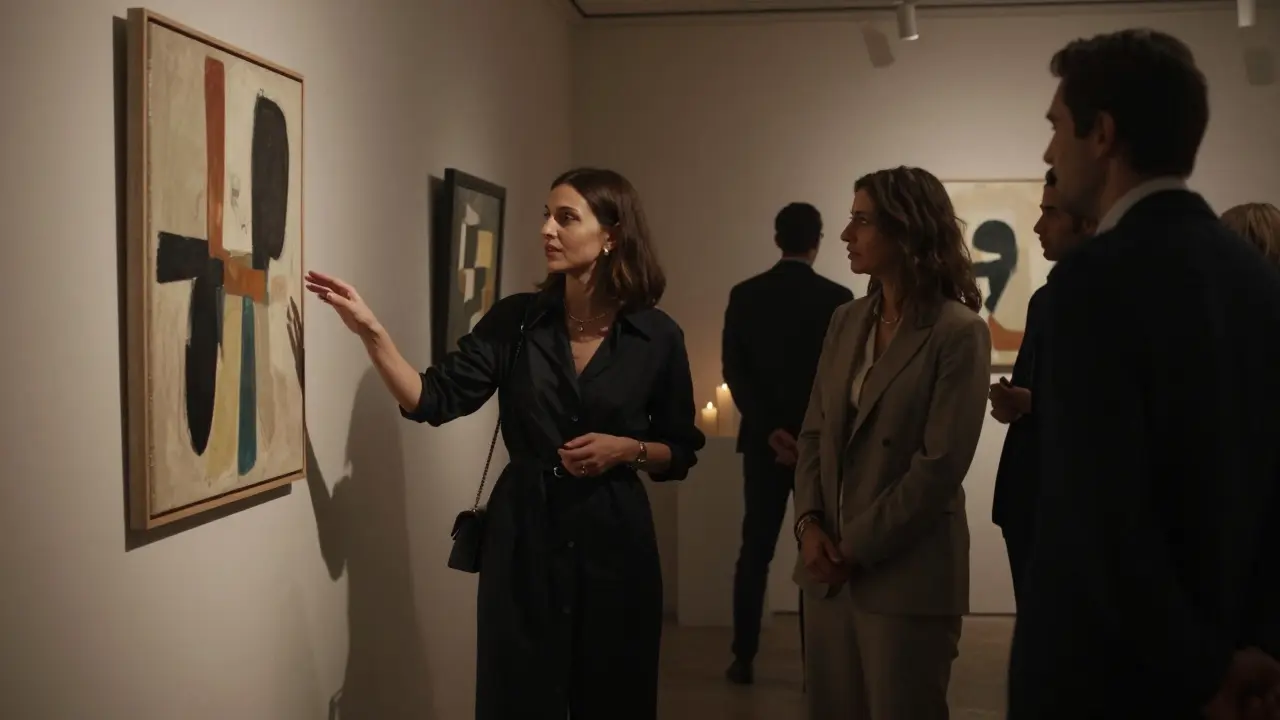 A refined woman and client engaging thoughtfully with art in a private gallery, soft candlelight illuminating the scene.